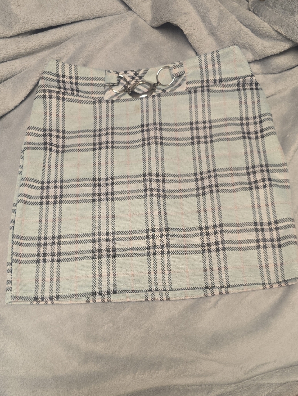 Plaid Mini Skirt with Ring Detail - Light Blue
